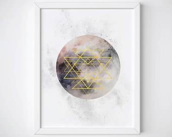 Sri Yantra Sacred Geometry ,Watercolor Moon Print, Sacred Geometry Print, Gold Foil Geometry, Spiritual Symbol Print, Mindfulness Art Print