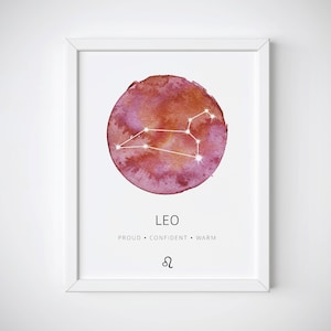 Löwe Sternbild Poster, Sternzeichen Löwe Aquarell, Leo Druck, Leo Wandkunst, Löwe Geschenk, Astrologie Druck, Leo Kinderzimmer Wandkunst
