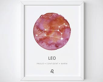 Leo Constellation Poster, Zodiac Constellation, Leo Watercolor, Leo Print, Leo Wall Art, Leo Gift, Astrology Print, Leo Nursery Wall Art