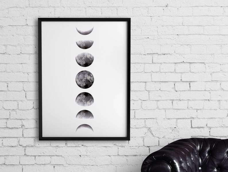 May include: Black and white print of the moon in various phases, framed in a black frame.