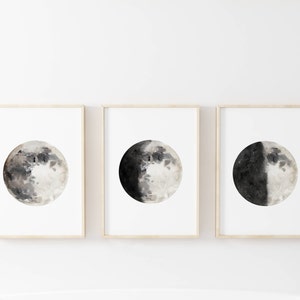 Moon Phase, Moon Phases Set, Set of 3 Prints, Moon Phases Wall Art, Moon Watercolor, Moon Print, Celestial Wall Art, Moon Decor, Nursery Art