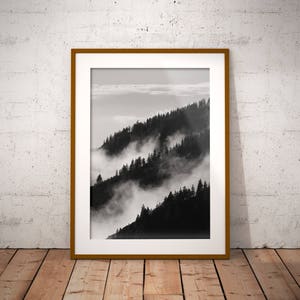May include: A black and white photograph of a mountain range with fog rolling through the trees.