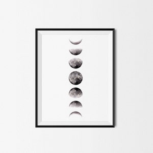 May include: A black and white framed print of the moon in different phases. The moon is depicted in a watercolor style with a cloudy texture.