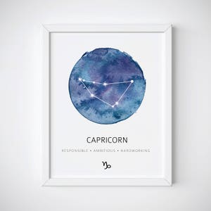 Capricorn Zodiac Print, Constellation Wall Art, Capricorn Watercolor Print, Capricorn Nursery Print, Zodiac Constellation Poster image 1