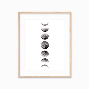 May include: A black and white illustration of the moon in different phases. The moon phases are arranged vertically in a line from new moon to full moon.