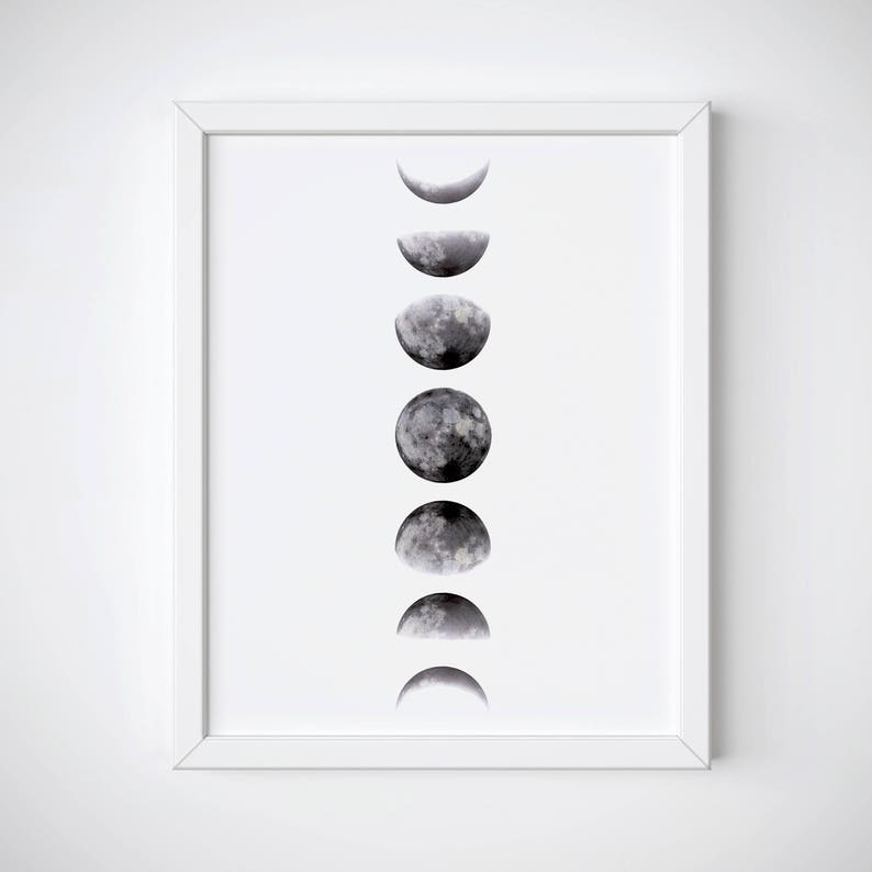 May include: A black and white illustration of the moon in various phases. The moon phases are arranged vertically in a row, starting with a crescent moon and ending with a full moon.