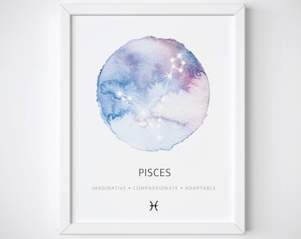 Pisces Constellation Art Print, Pisces Watercolor Print, Pisces Constellation Poster, Pisces Print, Zodiac Constellation Poster, Pisces Gift