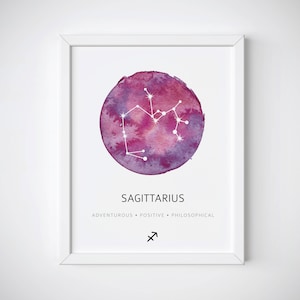 May include: A watercolor illustration of the Sagittarius constellation in a circle with a purple and pink background. The text "Sagittarius" is below the circle, and the text "Adventurous. Positive. Philosophical." is below that. The Sagittarius symbol is below that.