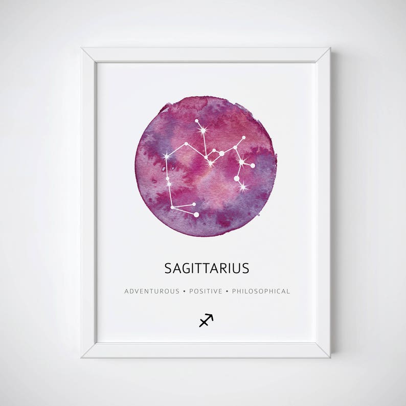 May include: A watercolor illustration of the Sagittarius constellation in a circle with a purple and pink background. The text "Sagittarius" is below the circle, and the text "Adventurous. Positive. Philosophical." is below that. The Sagittarius symbol is below that.