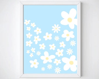 Sky blue print, danish pastel print, pastel blue wall decor, daisies flowers print