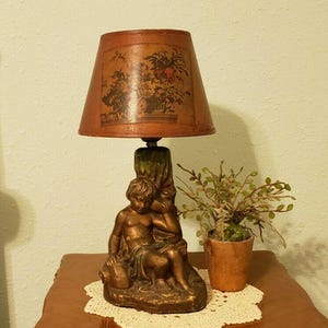 1925 Chalkware Figural Lamp with Vintage Clip-On Paper Lamp Shade