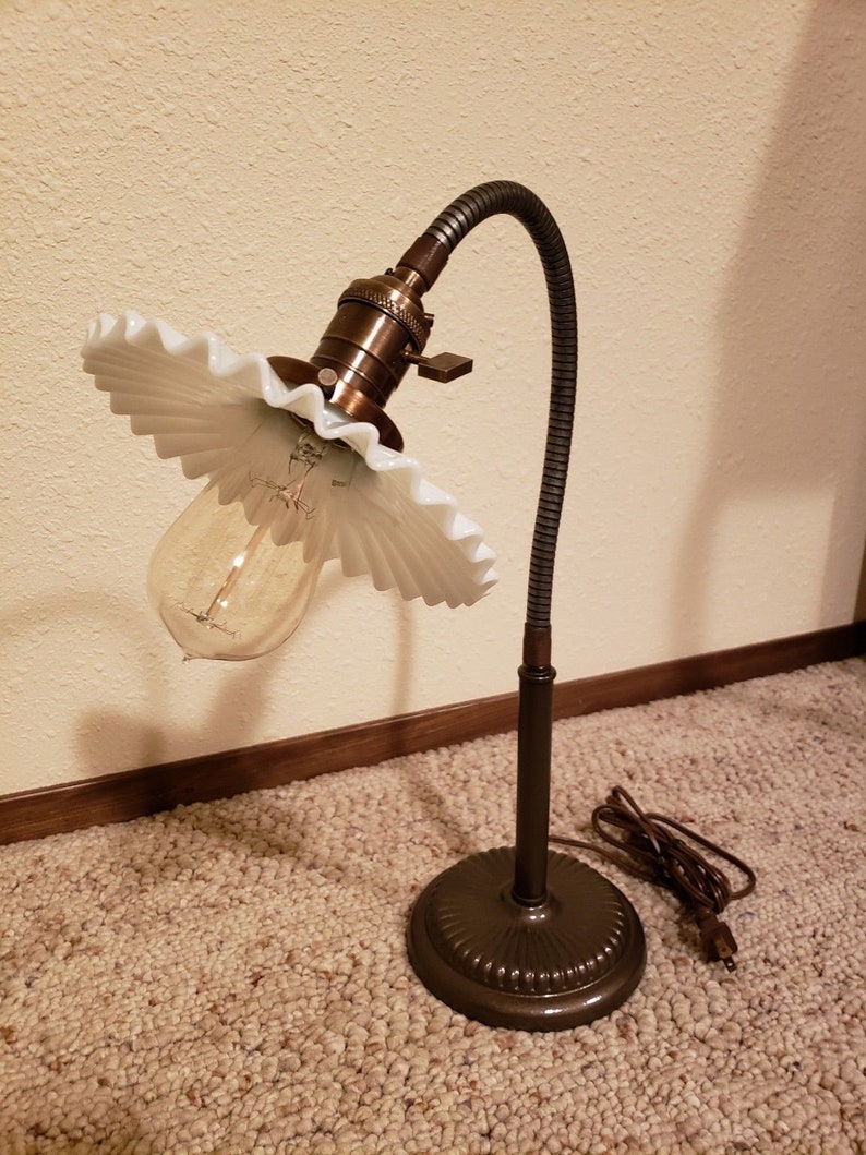 Vintage Gooseneck Desk or Table Lamp with White Milk Glass Etsy