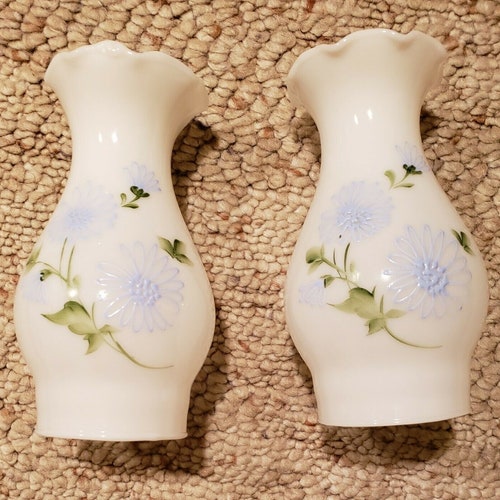 Pair of 1950's Vintage Brite Lite Milk shops Glass Hand-Painted Boudoir Lamps with Hobnail Edged Bases