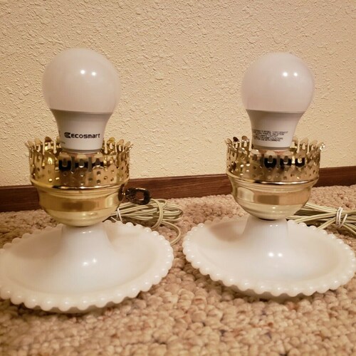 Pair of 1950's Vintage Brite Lite Milk shops Glass Hand-Painted Boudoir Lamps with Hobnail Edged Bases