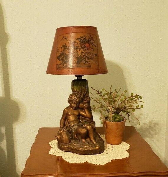 1925 Chalkware Figural Lamp Base With Vintage Clip on Paper Lamp