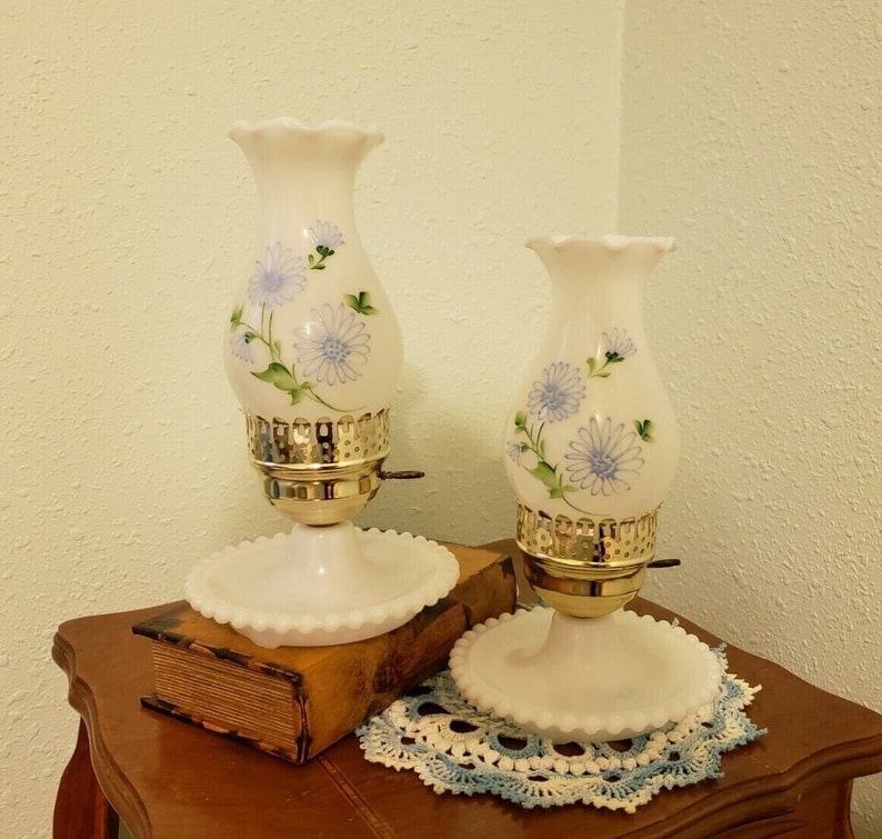 Pair of 1950's Vintage Brite Lite Milk shops Glass Hand-Painted Boudoir Lamps with Hobnail Edged Bases