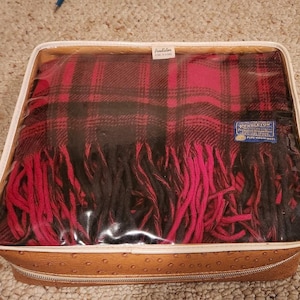 May include: A Pendleton plaid blanket in red and black, featuring a fringed edge and a blue label reading Pure Virgin Wool. The blanket is stored inside a rectangular, tan-colored, textured storage case with a clear plastic top and a zipper closure.