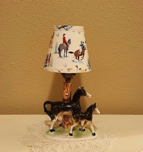 Vintage 1950s Horse Ceramic Lamp Base with Clip-On Cowboy Theme Fabric Lamp Shade