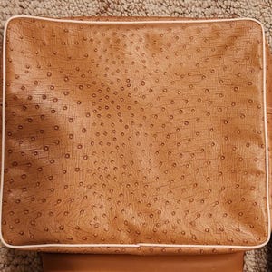 May include: A square-shaped tan bag featuring a textured ostrich-style pattern across the surface. The bag is outlined with a thin, light-colored piping along the edges, creating a defined border around the main tan panel of the accessory.