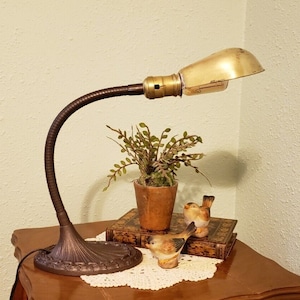 1930's Vintage Greist Gooseneck Desk Lamp with Brass Lamp Shade