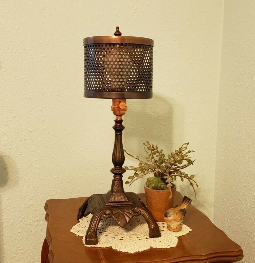 Antique Cast Iron Decorative Accent Table Lamp Base With Perforated