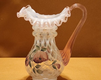 Vintage Fenton Signed Opalescent Diamond Optic Lattice Trellis Glass Pitcher