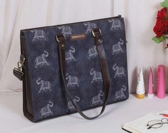 Elephant Print Structured Tote Bag for Women | Navy Boho Work Handbag