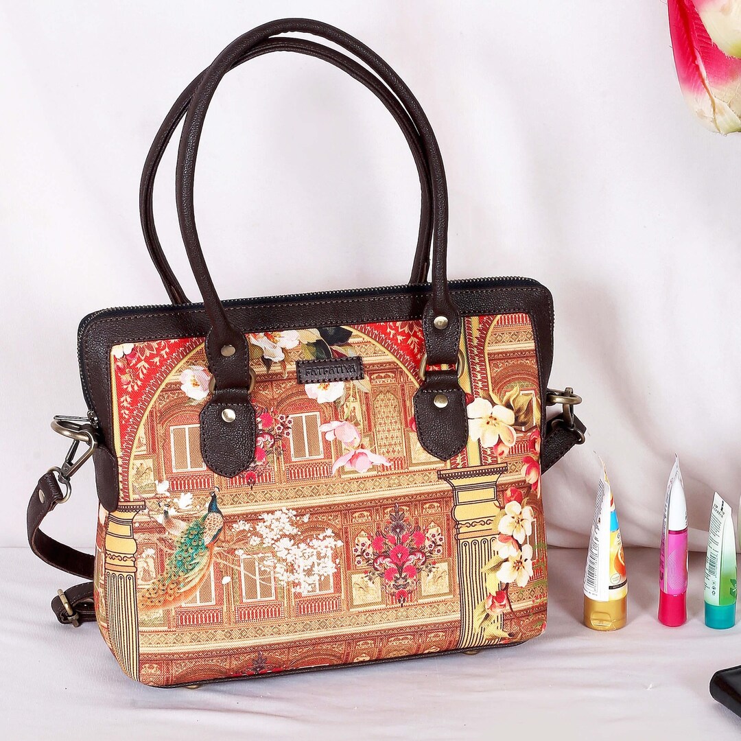 Shekhawati Haveli Teacher Bag: Floral Vegan Leather Tote, Ethnic Design ...