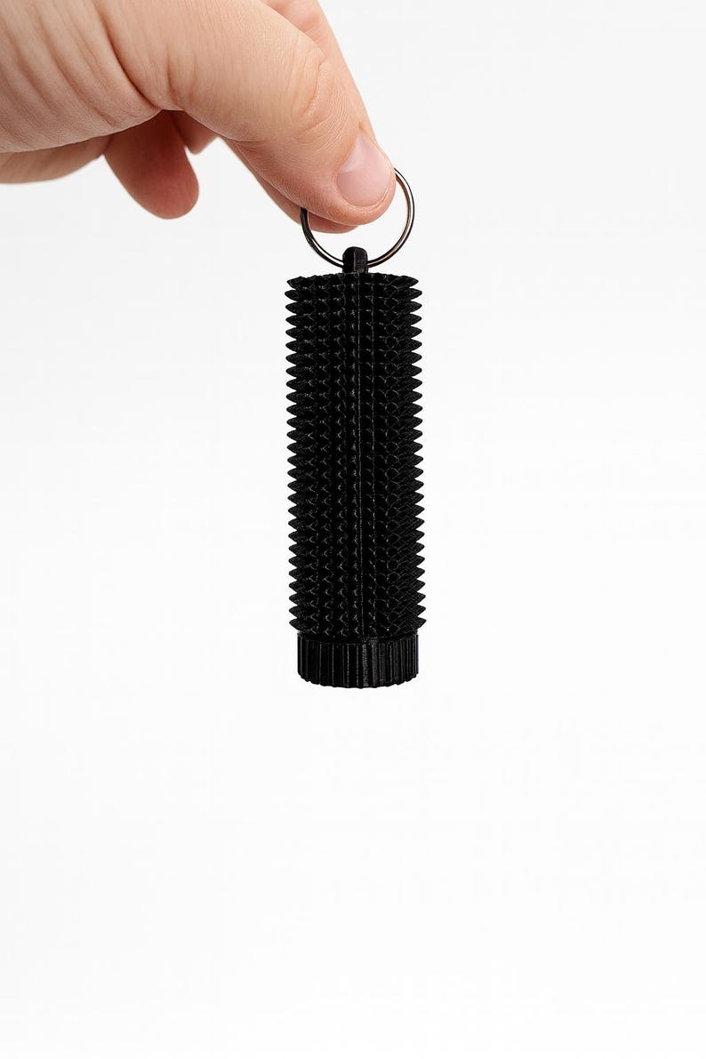 May include: Black cylindrical keychain with a textured, spiky surface. The keychain is held by a hand and features a small metal ring for attaching keys. The design is simple and modern.
