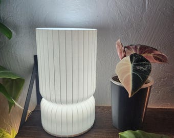 May include: A white ceramic lamp with a ribbed design sits on a wooden shelf next to a potted plant with dark green leaves and pink and white variegation.