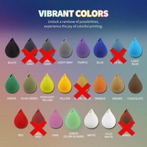 May include: A chart showing 16 different colors of 3D printed filament. The colors include black, gray, light gray, purple, blue, light blue, green, olive green, highlight yellow, yellow, royal gold, orange, brown, chocolate, red, pink, green (glow in the dark), white, and cold white. The text "VIBRANT COLORS" is at the top of the chart. The text "Unlock a rainbow of possibilities, experience the joy of colorful printing." is below the title.