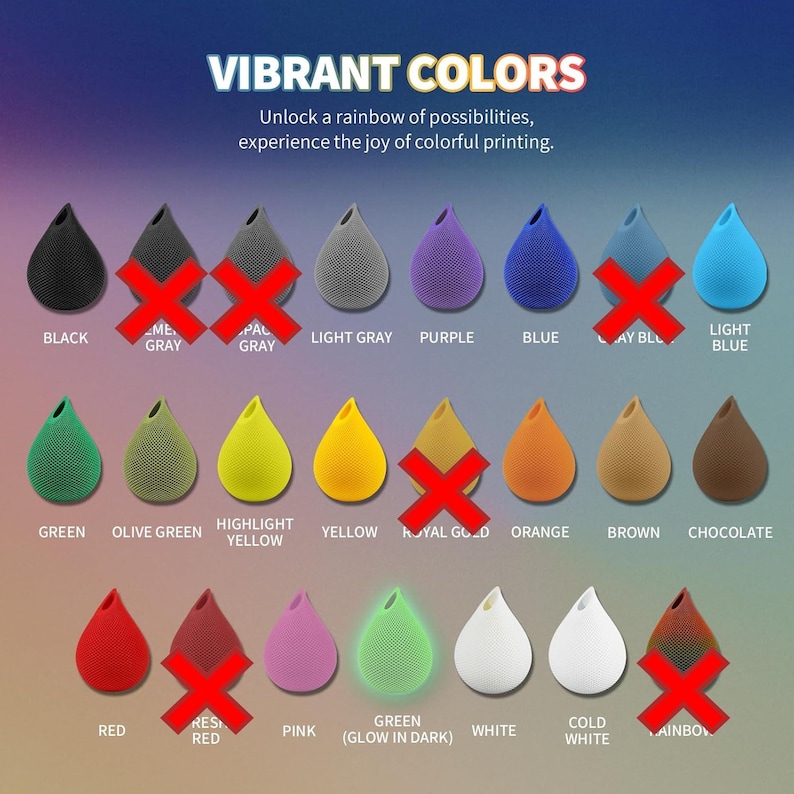 May include: A chart showing 16 different colors of 3D printed filament. The colors include black, gray, light gray, purple, blue, light blue, green, olive green, highlight yellow, yellow, royal gold, orange, brown, chocolate, red, pink, green (glow in the dark), white, and cold white. The text "VIBRANT COLORS" is at the top of the chart. The text "Unlock a rainbow of possibilities, experience the joy of colorful printing." is below the title.