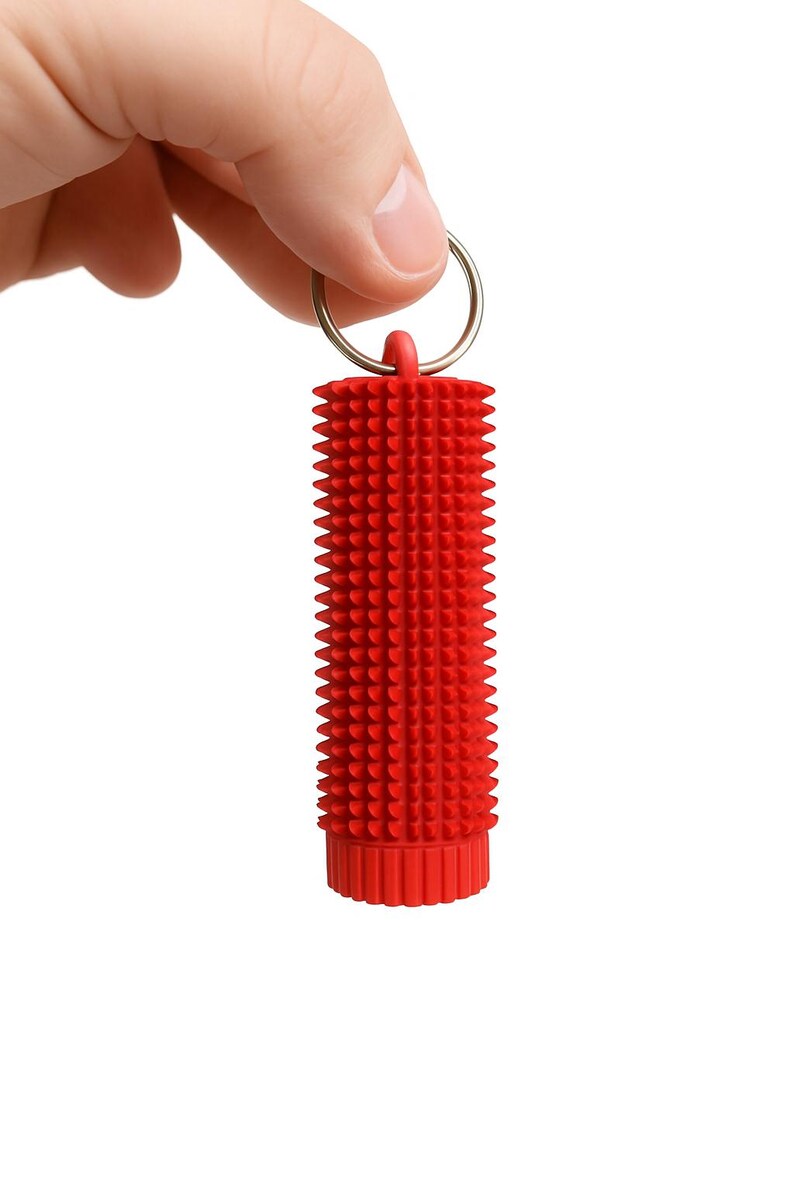 May include: A red, cylindrical keychain accessory with a textured, spiky surface. The keychain is held by a silver ring and is designed with a series of small, conical protrusions. The item is made of a flexible material.