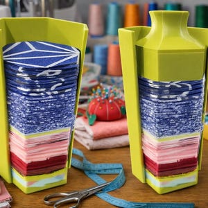 May include: Two lime green fabric organizers hold stacks of colorful fabric squares. The fabric squares are blue, pink, red, and yellow. Sewing supplies, including scissors, a pincushion, and spools of thread, are scattered around.