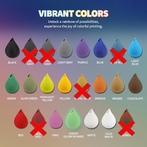 Puede incluir: Un gr&aacute;fico que muestra 16 colores diferentes de filamento para impresora 3D, con el nombre de cada color listado debajo. El filamento tiene forma de l&aacute;grima.