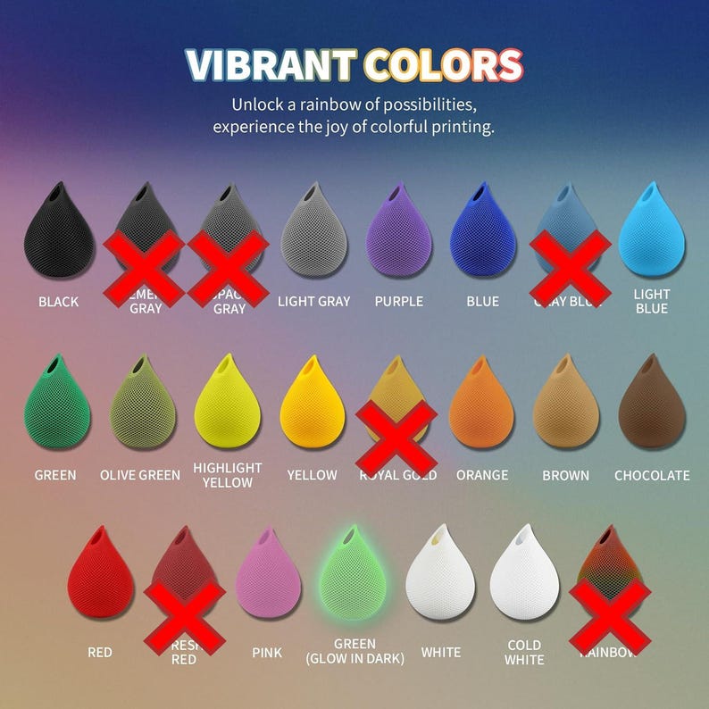 Puede incluir: Un gr&aacute;fico que muestra 16 colores diferentes de filamento para impresora 3D, con el nombre de cada color listado debajo. El filamento tiene forma de l&aacute;grima.