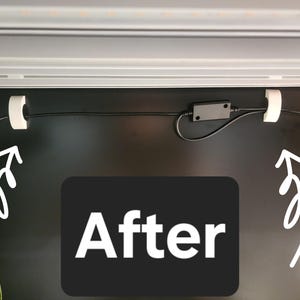 May include: A black electrical cord is secured to a white wall with two white cord clips. The text "After" is written in white on a black background.