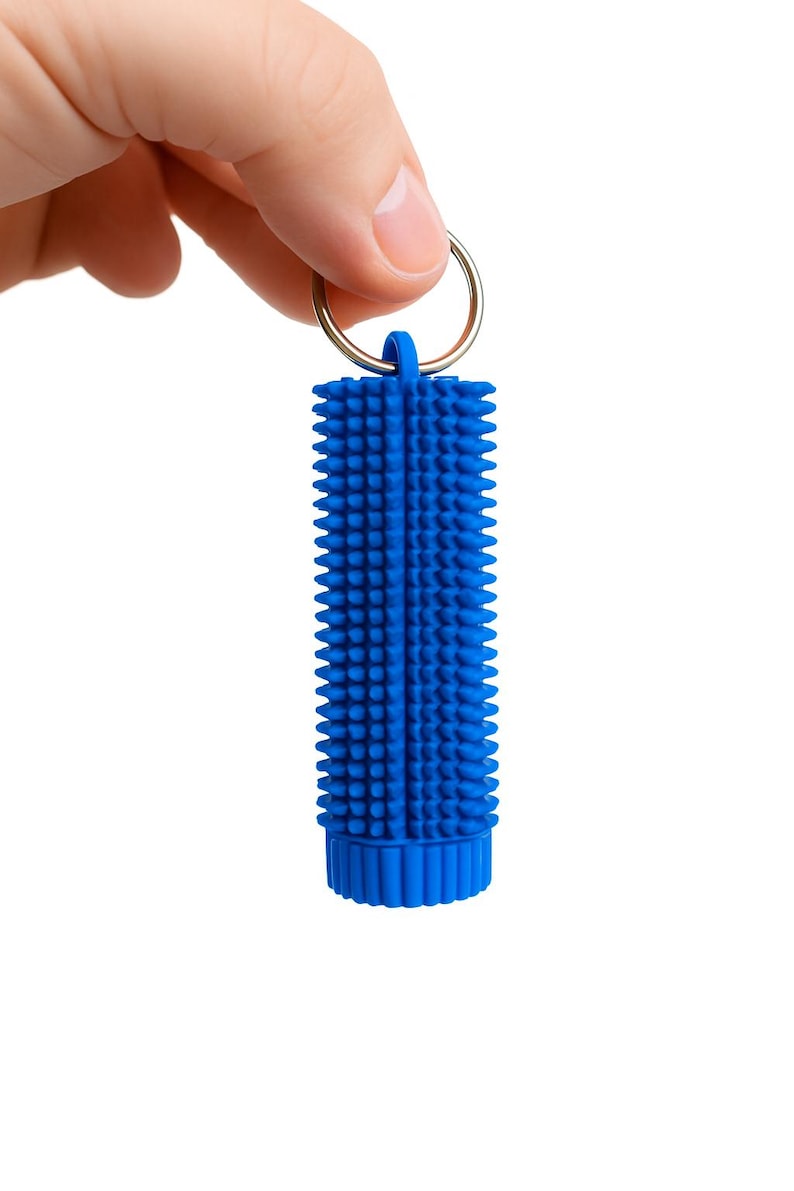 May include: A blue cylindrical pet hair remover with a textured surface and a metal keyring. The tool is designed to remove pet hair from clothing and other surfaces. The item is held by a hand against a white background.