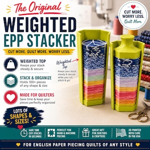May include: Two lime green hexagonal plastic stackers for fabric pieces, each featuring a weighted top to hold stacks steady. The image includes text labels like The Original Weighted EPP Stacker, Cut More, Worry Less, and Quilt More.