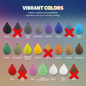 May include: A display of teardrop-shaped objects in various colors, including black, gray, purple, blue, green, yellow, orange, brown, red, pink, and white. The text "VIBRANT COLORS" is at the top, with the phrase "Unlock a rainbow of possibilities, experience the joy of colorful printing."
