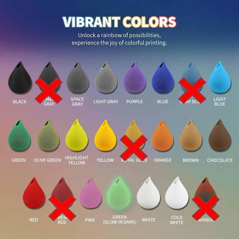 May include: A display of teardrop-shaped objects in various colors, including black, gray, purple, blue, green, yellow, orange, brown, red, pink, and white. The text "VIBRANT COLORS" is at the top, with the phrase "Unlock a rainbow of possibilities, experience the joy of colorful printing."