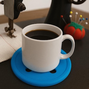 May include: A white ceramic mug filled with dark coffee sits on a bright blue button-shaped coaster. A vintage black sewing machine is in the background, along with a red tomato pin cushion with colorful pins.