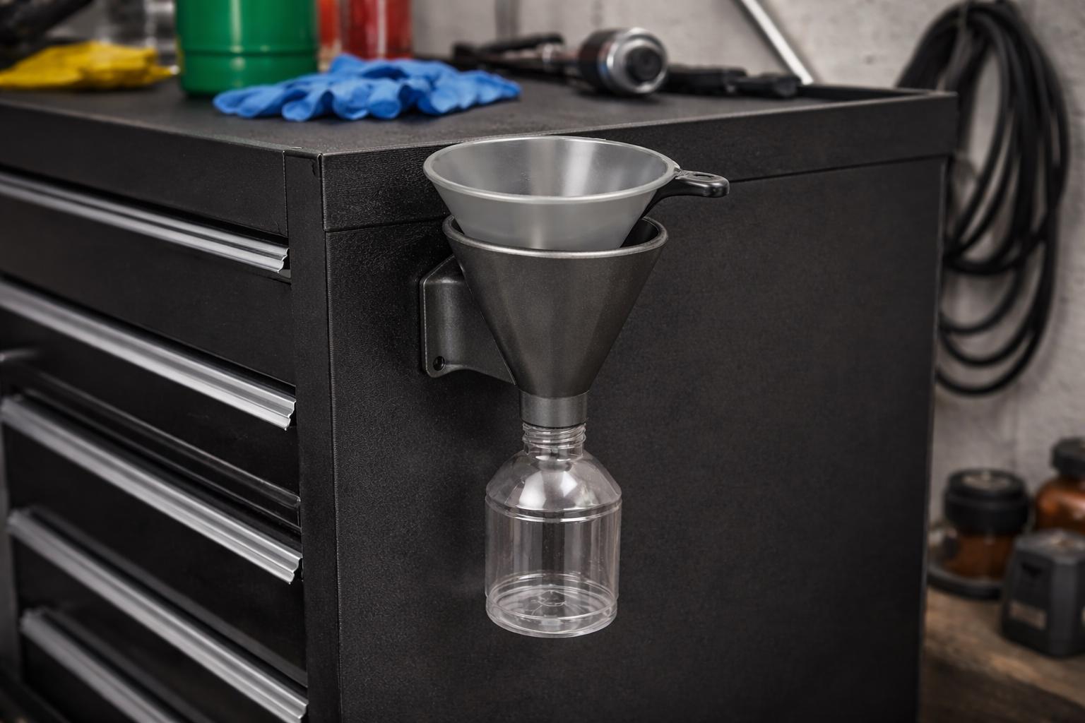 Leak-proof Magnetic Funnel Holder | Drip Drain Rack for Toolboxes