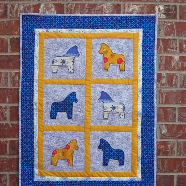 Swedish Heritage Wall Art - Dala Horse quilt yellow and blue - 32" x 24"