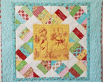 Embroidered Quilt handmade with Vintage Hand-Embroidered Center panel, wall quilt, baby quilt, aqua check and yellow gingham