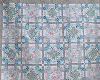 Handmade Romantic Floral Quilt, Twin Quilt in Aqua White Pink and Gray, machine quilted, 72" x 85"