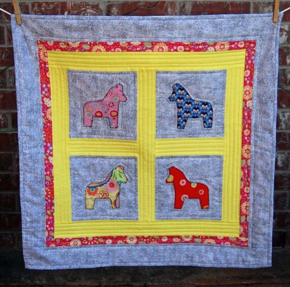 Swedish Dala Horse Baby Quilt Grey gray yellow and blue Dala Etsy