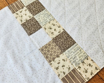 Quilted White Table Runner with Beige Pin Dot Fabric and bands of quilted squares 48" long, handmade reversible runner