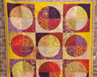 Batik Sunset Quilt: Handmade Twin with Lots of Unique Hand-Guided Quilting