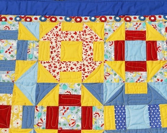 Doll Quilt Handmade in Churn Dash Pattern in Vintage-Look Red, Blue, Yellow Cotton Prints 25" x 35"